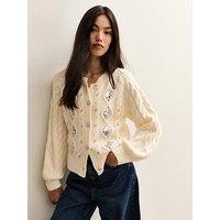 New Look Cable Knit Sequin Embellished Cardigan - Off White