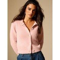 New Look Pink Fluffy Texture Crew Neck Cardigan