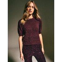 New Look Fluffy Sparkle Knit Short Sleeve Jumper - Dark Burgundy