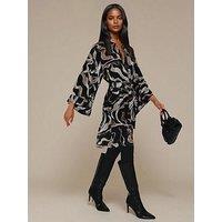 Religion Glory Kimono Tunic Beleted Abstract Shirt Dress - Black