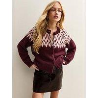 New Look Fairisle Crew Neck Cardigan - Red