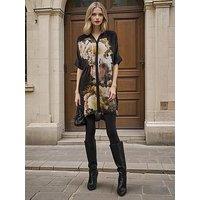 Religion Lola Oversized Floral Placement Tie Waist Tunic Dress - Black