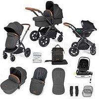 Ickle Bubba Stomp Luxe 12 Piece Travel System With I-Size Nimbus Car Seat & Spin Isofix Base - Black / Charcoal Grey / Tan