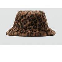 Mango Leopard-Print Fur-Effect Bucket Hat - Brown