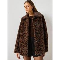 Mango Faux Fur Leopard Print Coat - Brown