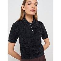 Mango Fluffy Knit Short Sleeve Collared Jumper