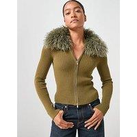 Mango Combined Zip Up Faux Fur Cardigan