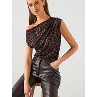 Mango Leopard Print Top With Asymmetrical Collar - Brown