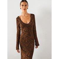 Mango Long Sleeved Leopard Print Dress - Black