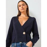 Mango Cross Over Cardigan With Jewel Button - Navy