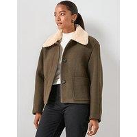 Mango Wool Blend Jacket With Sheepskin Collar - Khaki