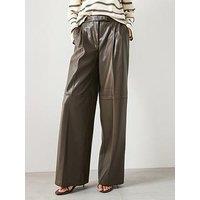 Mango Leather Effect Wide Leg Trousers - Khaki