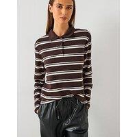 Mango Striped Polo Neck T-Shirt - Brown
