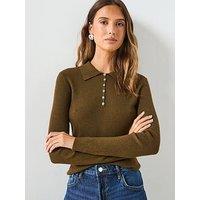 Mango Polo Collar Ribbed Sweater - Khaki