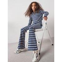 The Very Collection Girls Rib Stripe Long Sleeve Wide Leg Set - Navy
