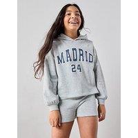 The Very Collection Girls Sweat Hoodie And Shorts Madrid Slogan Set - Grey