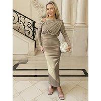 Ax Paris Taupe Knit Off The Shoulder Long Sleeve Midi Dress - Beige