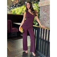Ax Paris Dark Plum One Shoulder Draped Waist Jumpsuit - Purple