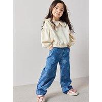 The Very Collection Girls Sweatshirt With Frill Collar And Floral Denim Jeans Set - Mid Wash
