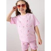 The Very Collection Girls Floral T-Shirt And Cherry Cycling Rib Shorts - Pink