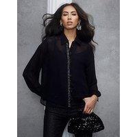 River Island Embellished Trim Chiffon Shirt - Black