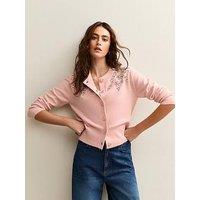New Look Pink Diamante Floral Embellished Crew Neck Cardigan