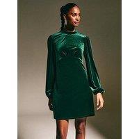 New Look Velvet High Neck Long Sleeve Mini Dress - Dark Green