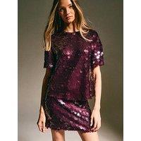 New Look Dark Burgundy Sequinned Short Sleeve Top