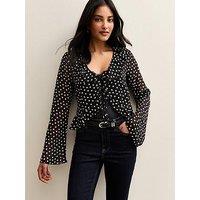 New Look Black Polka Dot Chiffon Tie Front Blouse