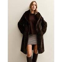 New Look Dark Brown Longline Faux Fur Coat