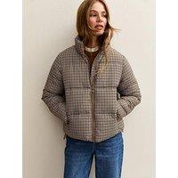 New Look Brown Houndstooth Check Pattern Cropped Puffer Jacket