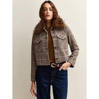 New Look Check Faux Fur Collar Flap Pocket Boxy Jacket - Brown