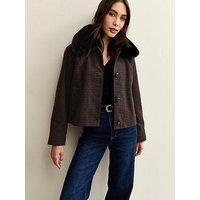 New Look Brown Faux Fur Collar Check Jacket