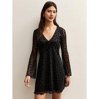 New Look Flocked Mesh Flared Sleeve Mini Dress - Black