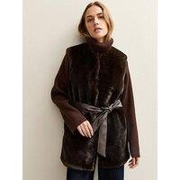 New Look Faux Fur Belted Gilet - Dark Brown