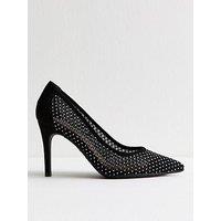 New Look Wide Fit Black Diamante Heel Court Shoes - Black