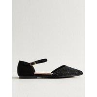 New Look Bedazzled Pointed Toe Ankle Strap Ballerina Flat Shoes - Black