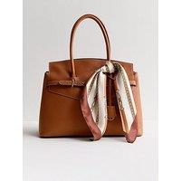 New Look Brown Faux Leather Belted Scarf Trim Tote Bag - Beige