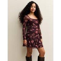 New Look 915 Girls Mesh Floral Ruched Mini Dress - Brown
