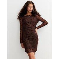 New Look 915 Girls Mesh Flocked Floral Dress - Brown