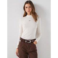 Guess Jeans Long Sleeve Embroidered Logo Slim Top - Cream