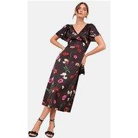 Friends Like These Satin Short Sleeve V Neck Floral Print Midi Dress - Black