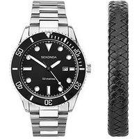 Sekonda Mens Ocean Silver Stainless Steel Bracelet With Black Dial Analogue Watch Gift Set