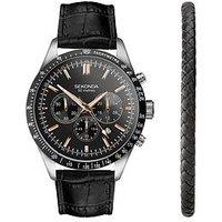 Sekonda Mens Velocity Black Leather Strap With Black Dial Chronograph Watch Gift Set