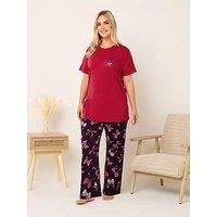 Yours Curve Bow Short Sleeve Wide Leg Pj Set - Red