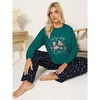 Yours Curve Long Sleeve Wide Leg Pyjama Set - Green
