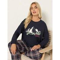 Yours Curve Long Sleeve Wide Leg Pj Set - Blue