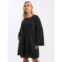 Yours Curve Flute Sleeve Sparkle Swing Dress - Black