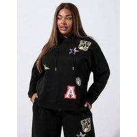 Yours Curve Printed Badge Hoodie - Black