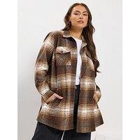 Yours Curve Check Shacket - Brown